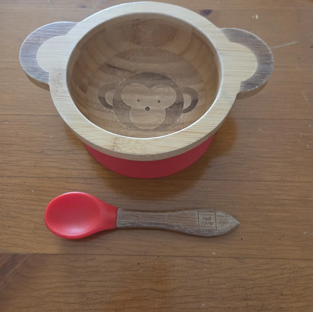 Bamboo Monkey Baby Bowl And Spoon With Silicone Suction Cup
